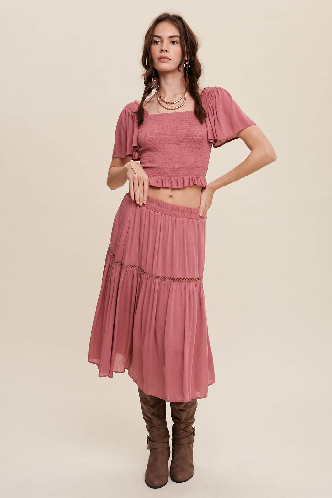 Smocked Crop Top & Tiered Midi Skirt Set: Gray