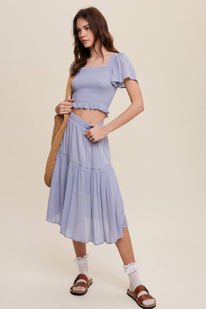 Smocked Crop Top & Tiered Midi Skirt Set: Gray