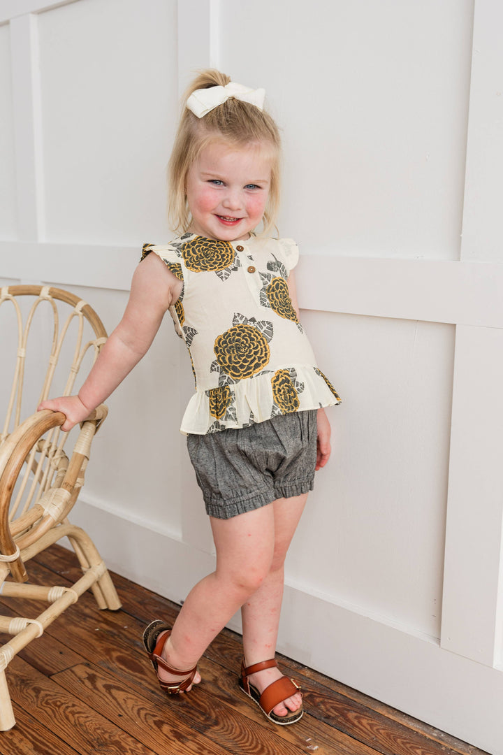 Mustard & Grey Floral Print Sleeve Ruffled Top & Black Chambray Kids Shorts Set