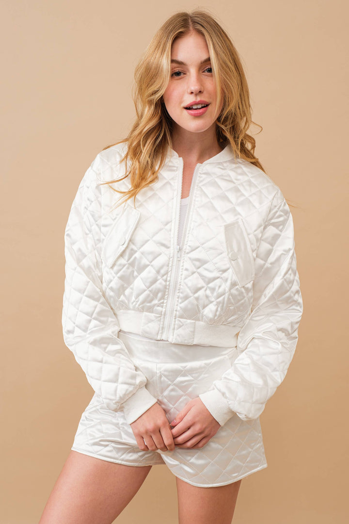 61234SET Quilted Crop Pocket Bomber Jacket w/ Matching Set: BROWN / M