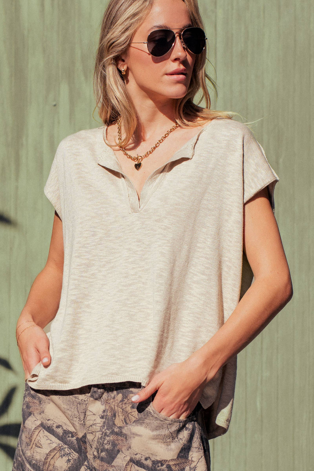 Split Neck Cap Sleeve Cotton Blend Top: Beige / S-M-L:2-2-2