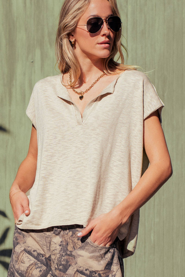 Split Neck Cap Sleeve Cotton Blend Top: Beige / S-M-L:2-2-2