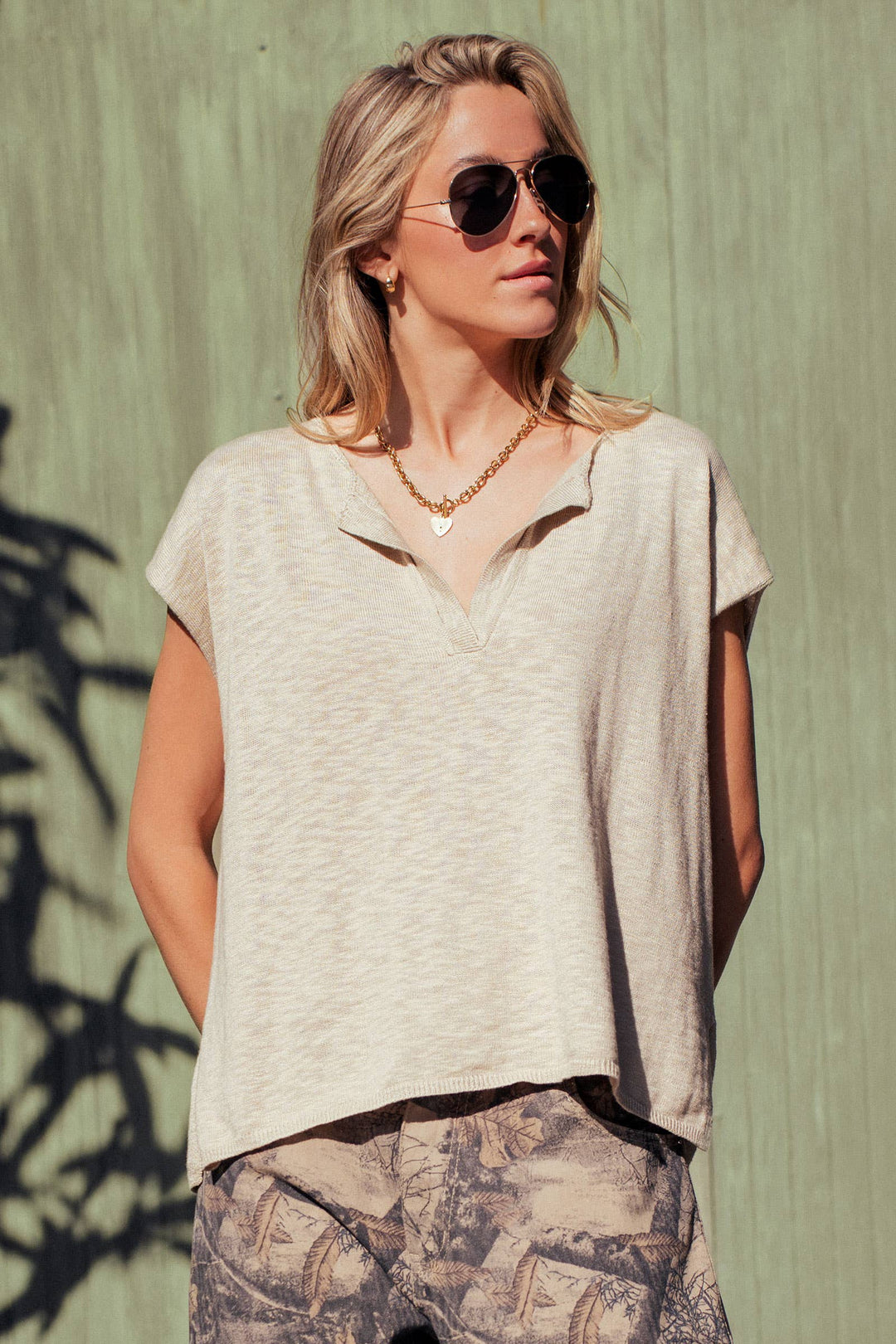 Split Neck Cap Sleeve Cotton Blend Top: Beige / S-M-L:2-2-2