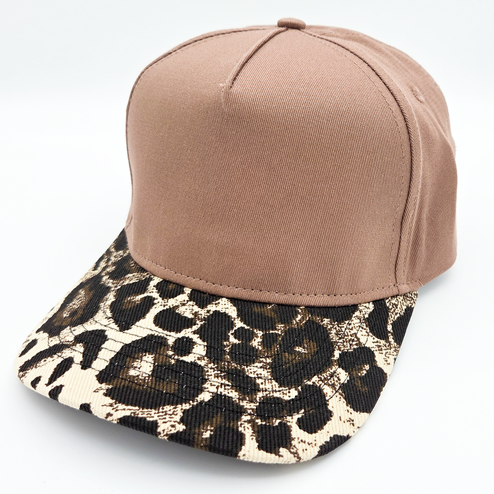Cotton Leopard Blank Hats - Various Colors: Khaki with Brown Leopard Bill