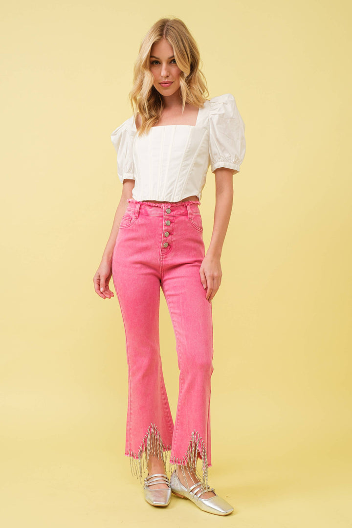 1365P - RHINESTONE FRINGE DENIM PANTS: BLACK / MEDIUM