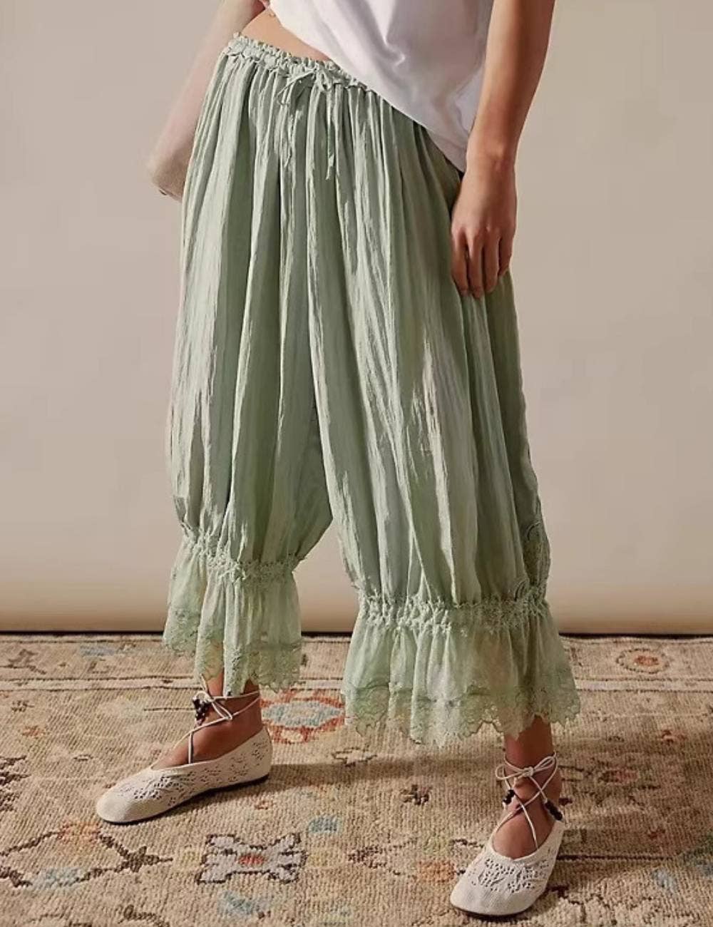 Ladies Elastic Waist Lace String Tie Lantern Pants: Coffee / L