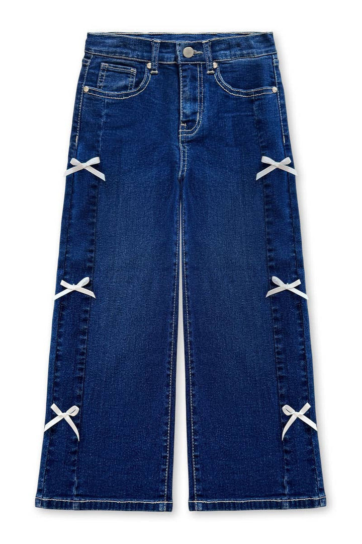 Girl's Wide Leg Denim Jean w/ Bows: Dark Denim / 8