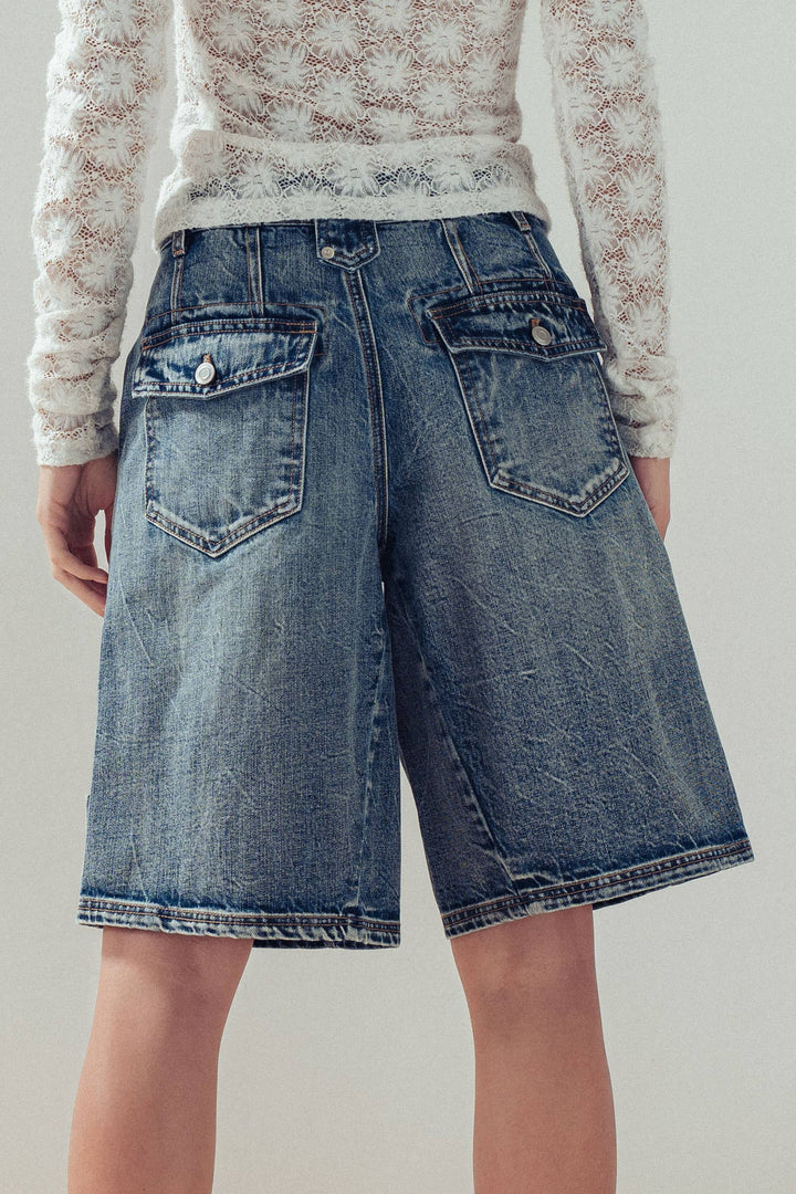 Wide-Leg Utility Denim Bermuda Shorts