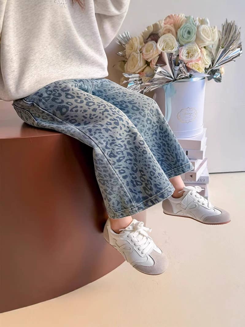 Girls' Blue Leopard Print Denim Wide-Leg Pants (JEANS): Blue / English / 5