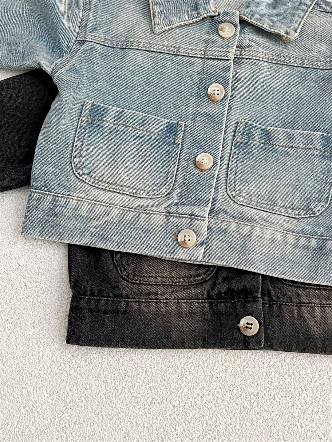 Baby Kids Button Front Design Washed Style Turndown Collar Denim Jacket Coat: Black / 110 (3-5Y)