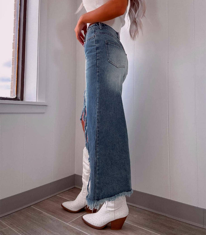 Frayed Hem Slit Midi Denim Skirt: Blue / S