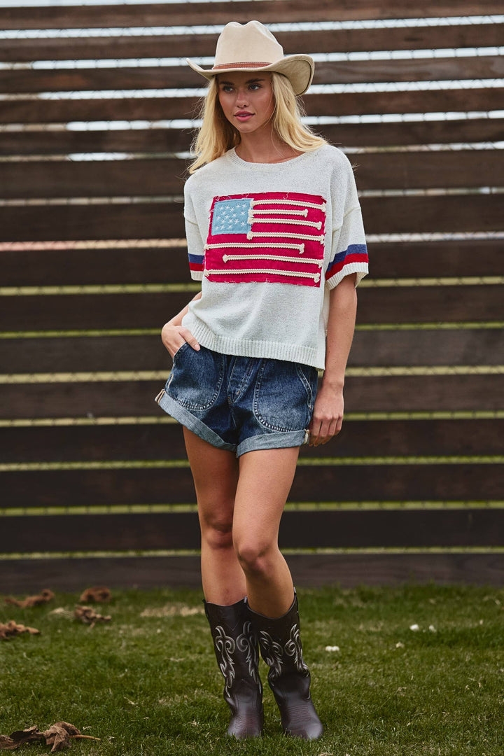 American Flag Applique Knit Sweater with Stripe