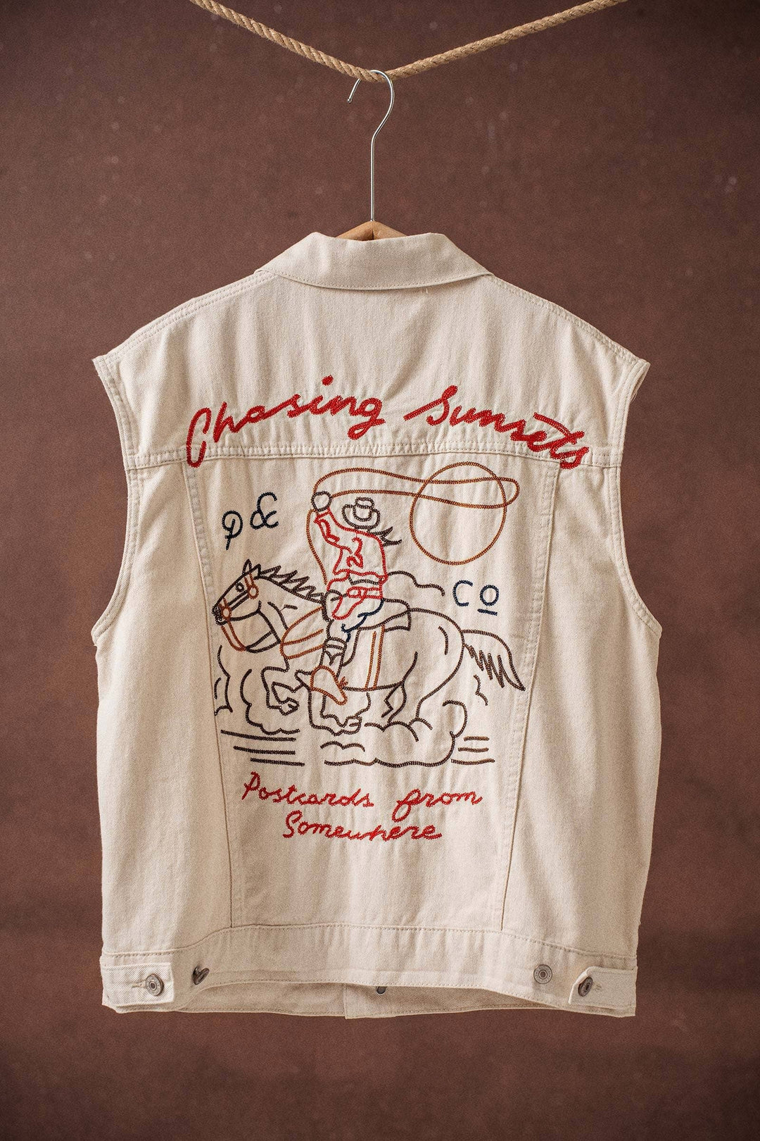 Western Sunset Embroidered Denim Vest: OATMEAL / S-2/M-2/L-2
