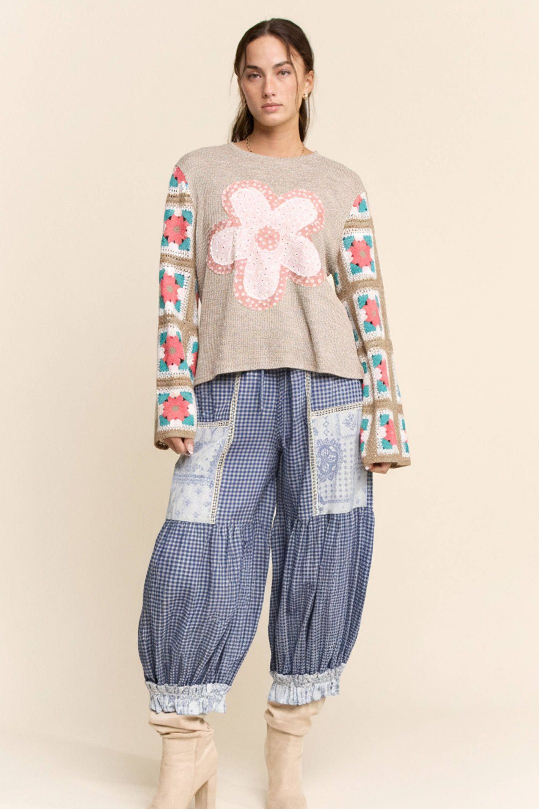 CONTRAST PATCHWORK BLOOMER PANTS: Rose Pink