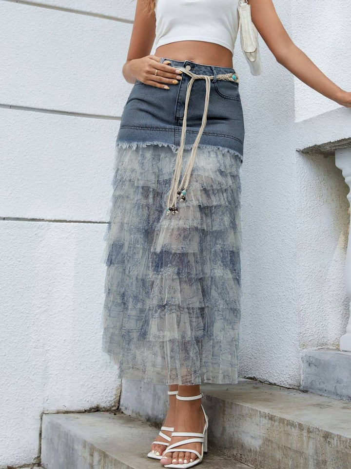 Ruffle Tiered Mesh Floral Panels Denim Cake Skirt:M