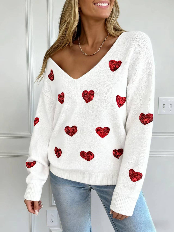 Valentines Sequin Heart Embroidered V-Neck Sweater: White / S