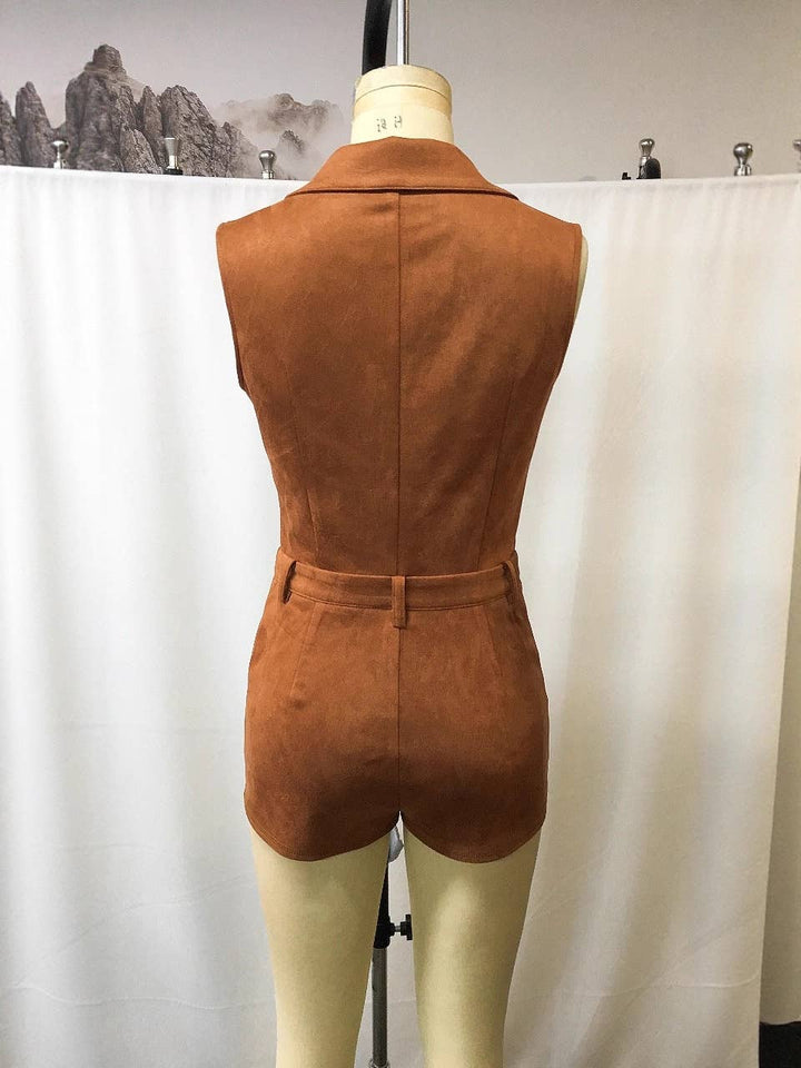 Wild Western cowgirl suede tassel sleeveless romper: Brown / S