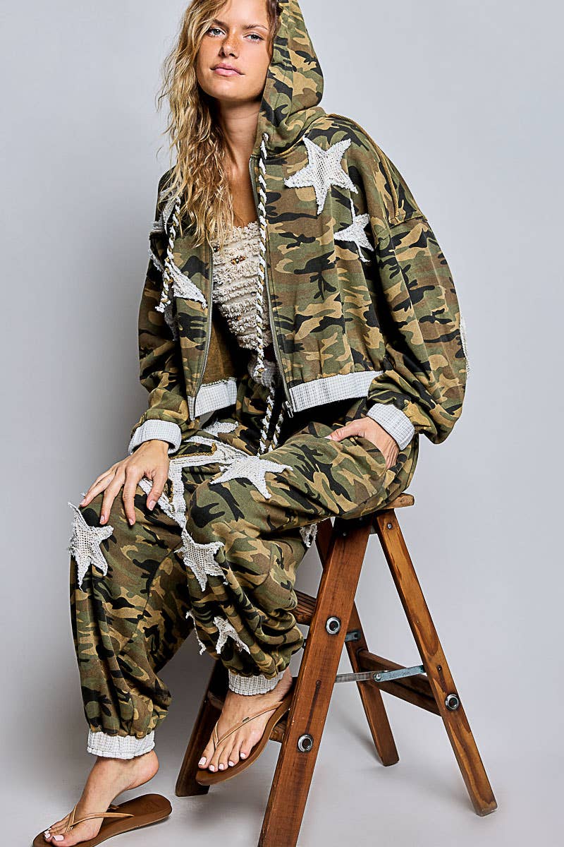Vintage Washed Floral Star Patch Cropped Zip Hoodie