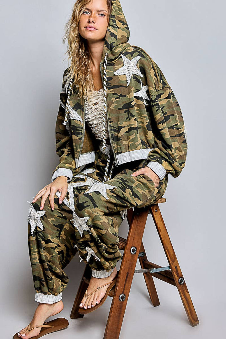 Vintage Washed Floral Star Patch Cropped Zip Hoodie