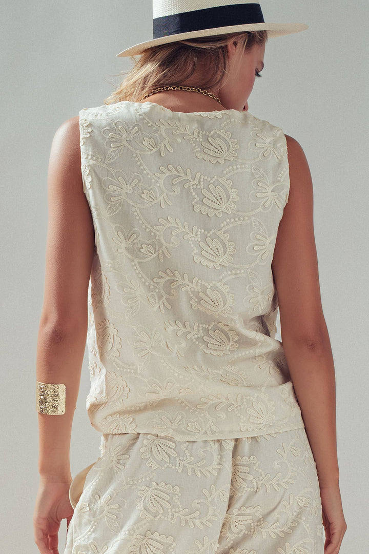 Floral Embroidered Cotton Top And Pant Set: IVORY