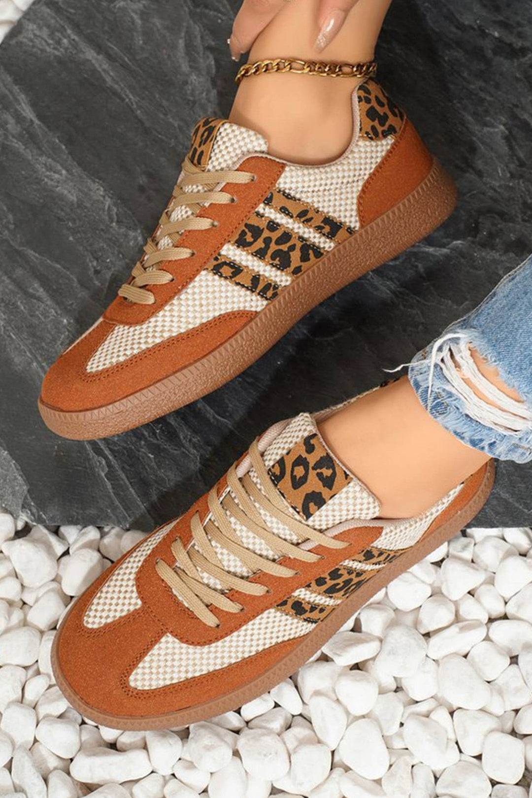 LAS Checkered Leopard Color Block Patchwork Sneakers (37-42): Buckskin / Standard