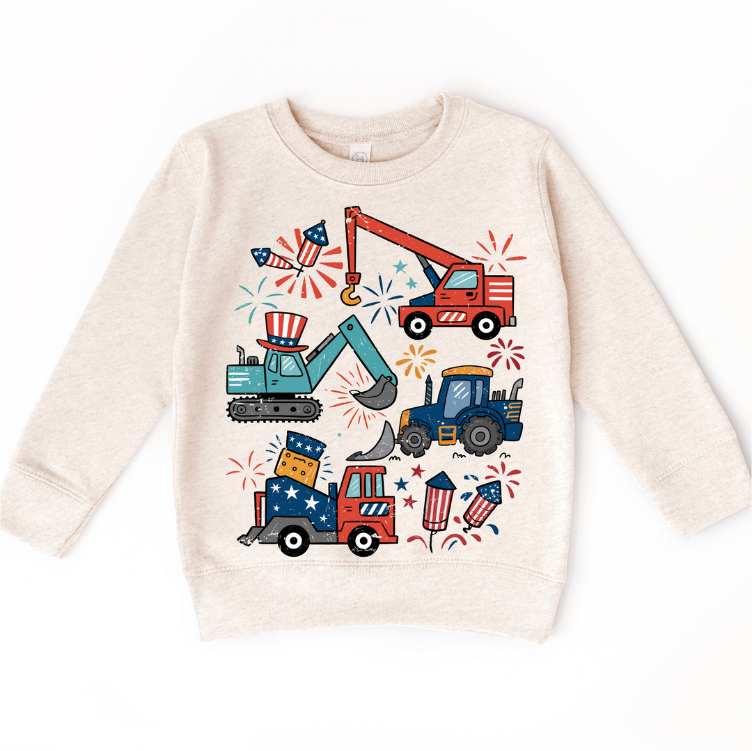 All American Construction Trucks Kids Shirt | 4th of July Boy Tee | Excavator Tractor Fireworks Shirt | Patriotic Toddler Tee: Natural Short Sleeve Tee