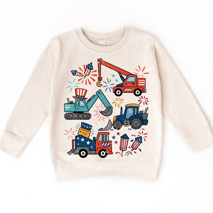 All American Construction Trucks Kids Shirt | 4th of July Boy Tee | Excavator Tractor Fireworks Shirt | Patriotic Toddler Tee: Natural Short Sleeve Tee