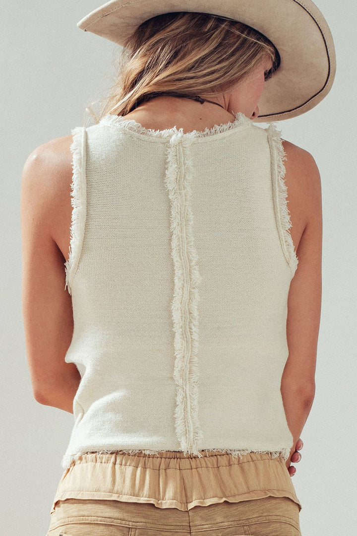 Frayed Trim Textured Knit Sleeveless Top: IVORY