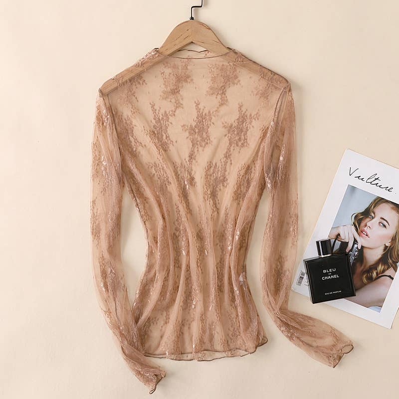 Semi Sheer Mesh Floral Lace Layering See Through Top: Beige / L
