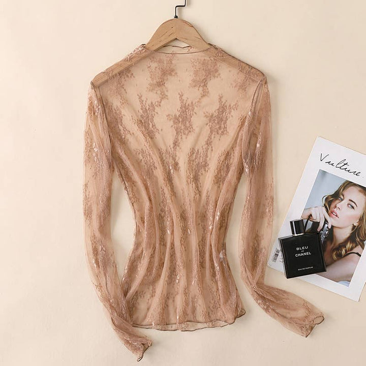 Semi Sheer Mesh Floral Lace Layering See Through Top: Nude / M