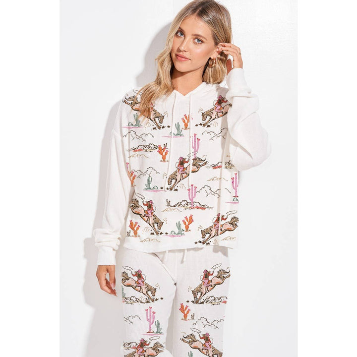 Desert Cowgirl Print Rib Hoodie Loungewear Set : Taupe / L