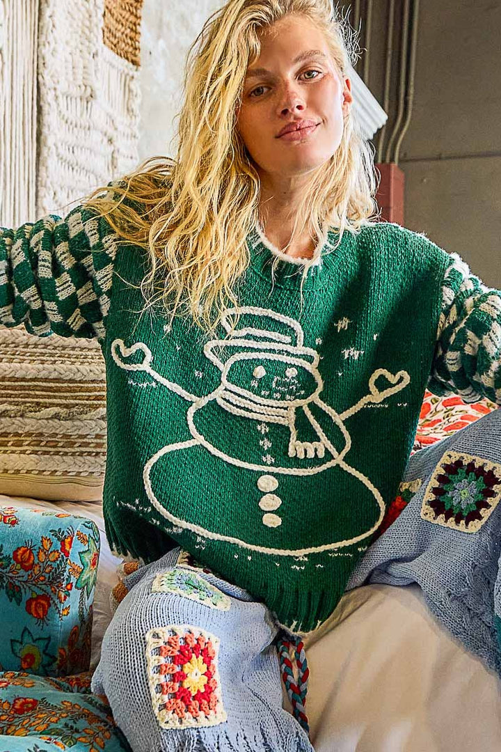 Chenille Snowman Embroidered Plaid Sleeve Sweater Top