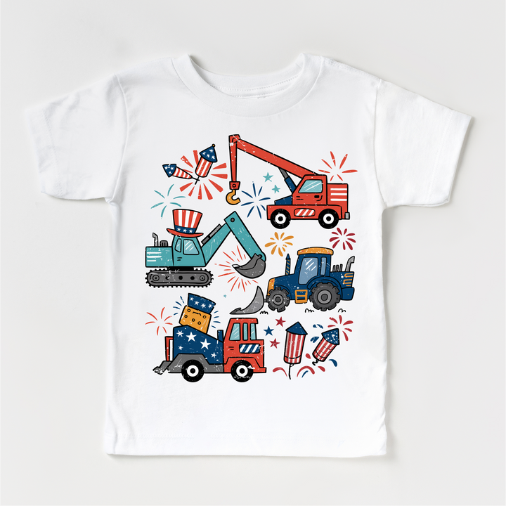 All American Construction Trucks Kids Shirt | 4th of July Boy Tee | Excavator Tractor Fireworks Shirt | Patriotic Toddler Tee: Natural Short Sleeve Tee
