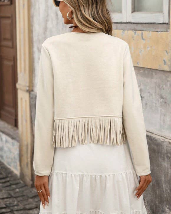 Studded Faux Suede Fringe Western Boho Jacket: Brown / 2XL