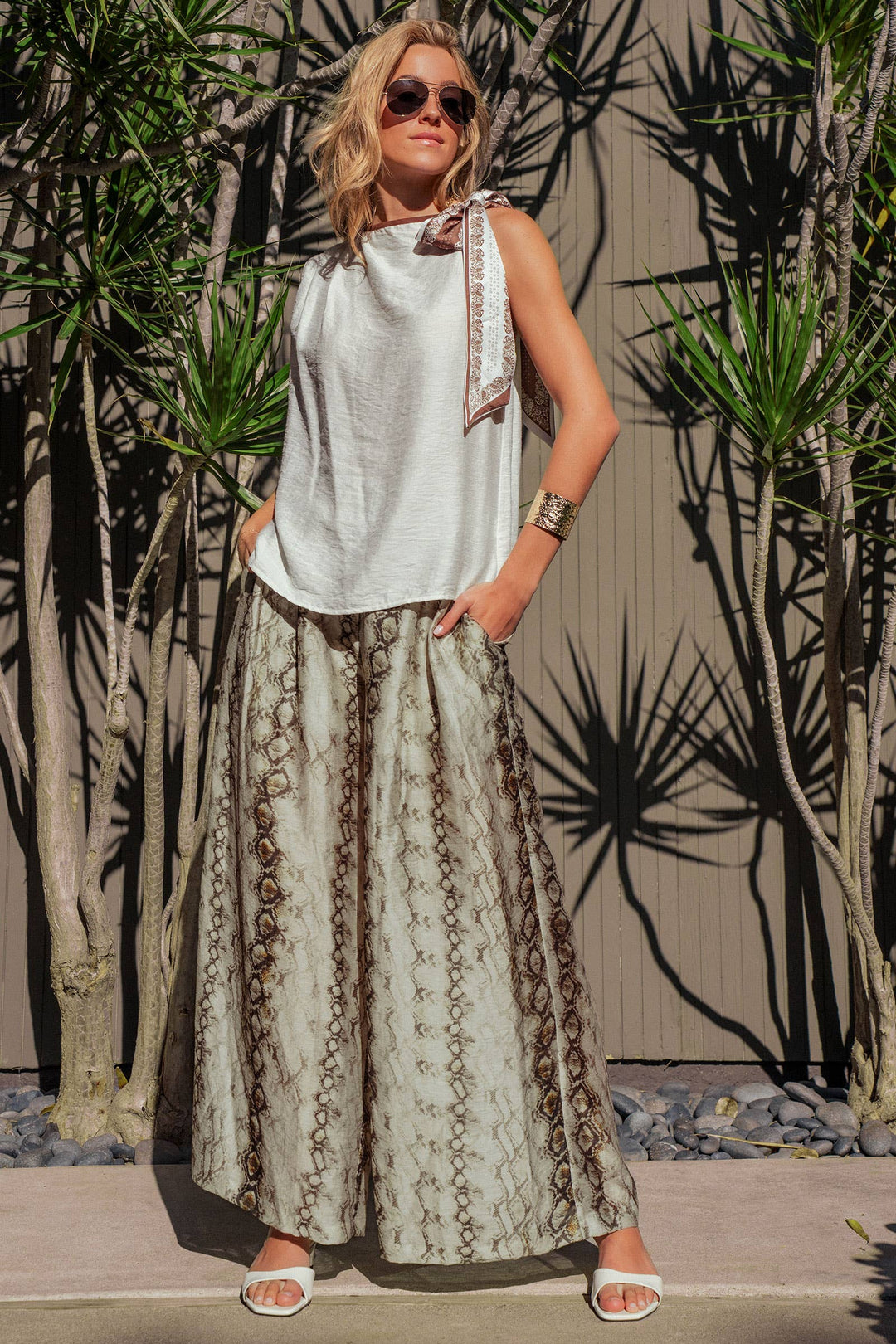 Paisley Scarf Tie Shoulder Linen Blend Top: White / S-M-L:2-2-2