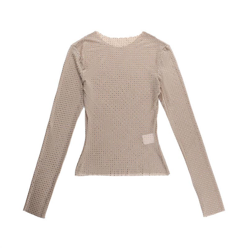 Sexy y2k rhinestone sheer top mesh long-sleeves shirt: Flesh / L