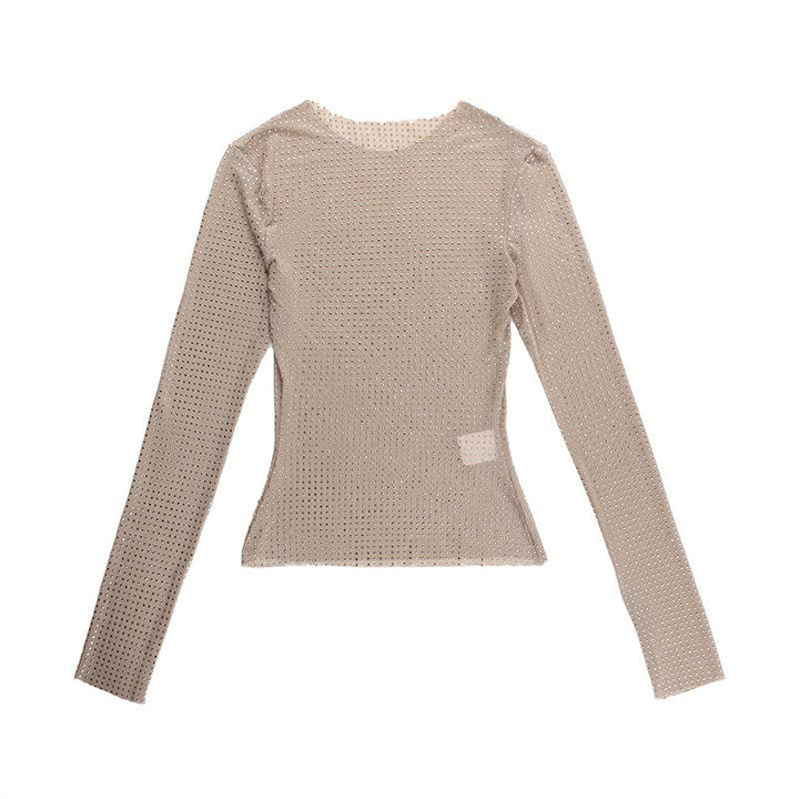 Sexy y2k rhinestone sheer top mesh long-sleeves shirt: Flesh