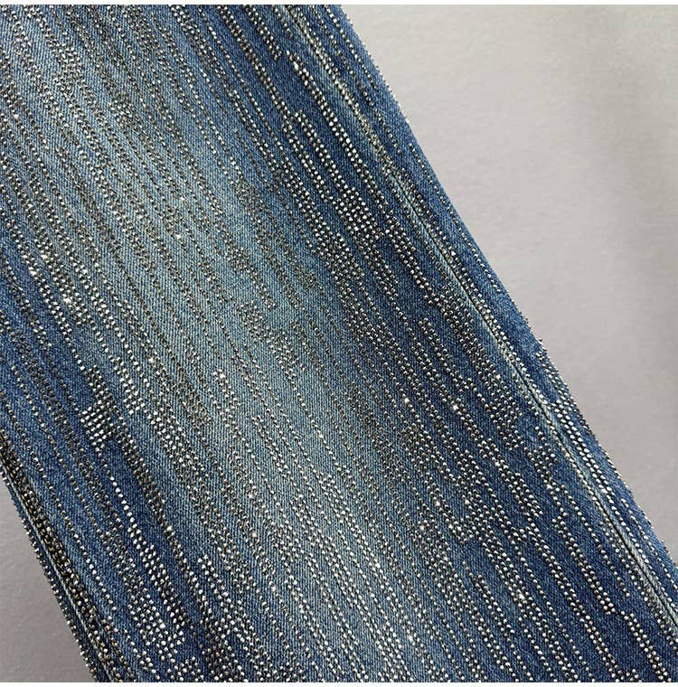 PT39Y All Over Rhinestone High Waist Wide Leg Jeans: Blue / English / M