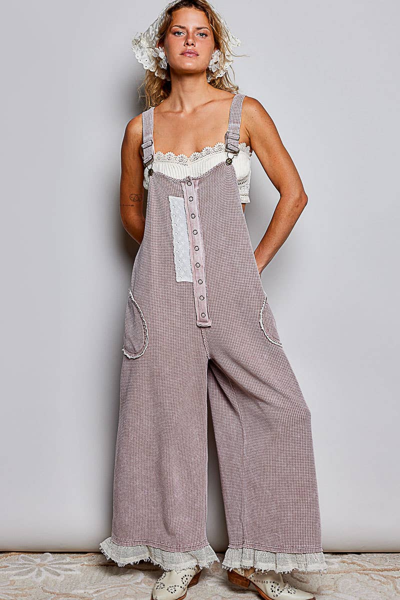 Thermal Cotton Lace Rib Placket Metal Snap Wide Leg Overall
