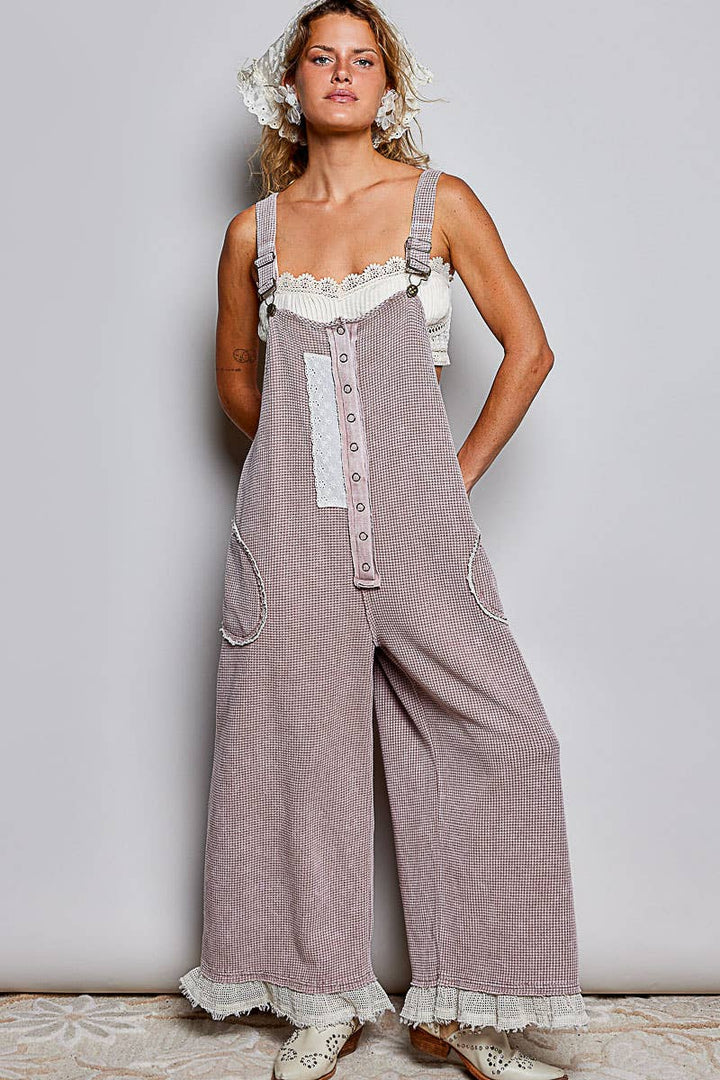 Thermal Cotton Lace Rib Placket Metal Snap Wide Leg Overall