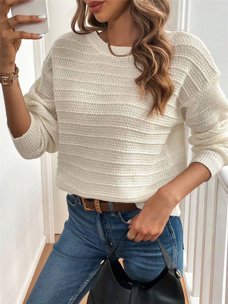 Cozy Bow Tie Back Crew Neck Fall Sweater: Beige / M