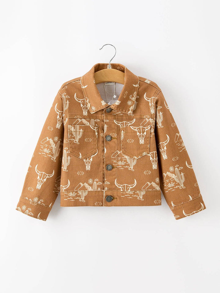 Girls Western Desert Print Brown Denim Jacket With Pockets