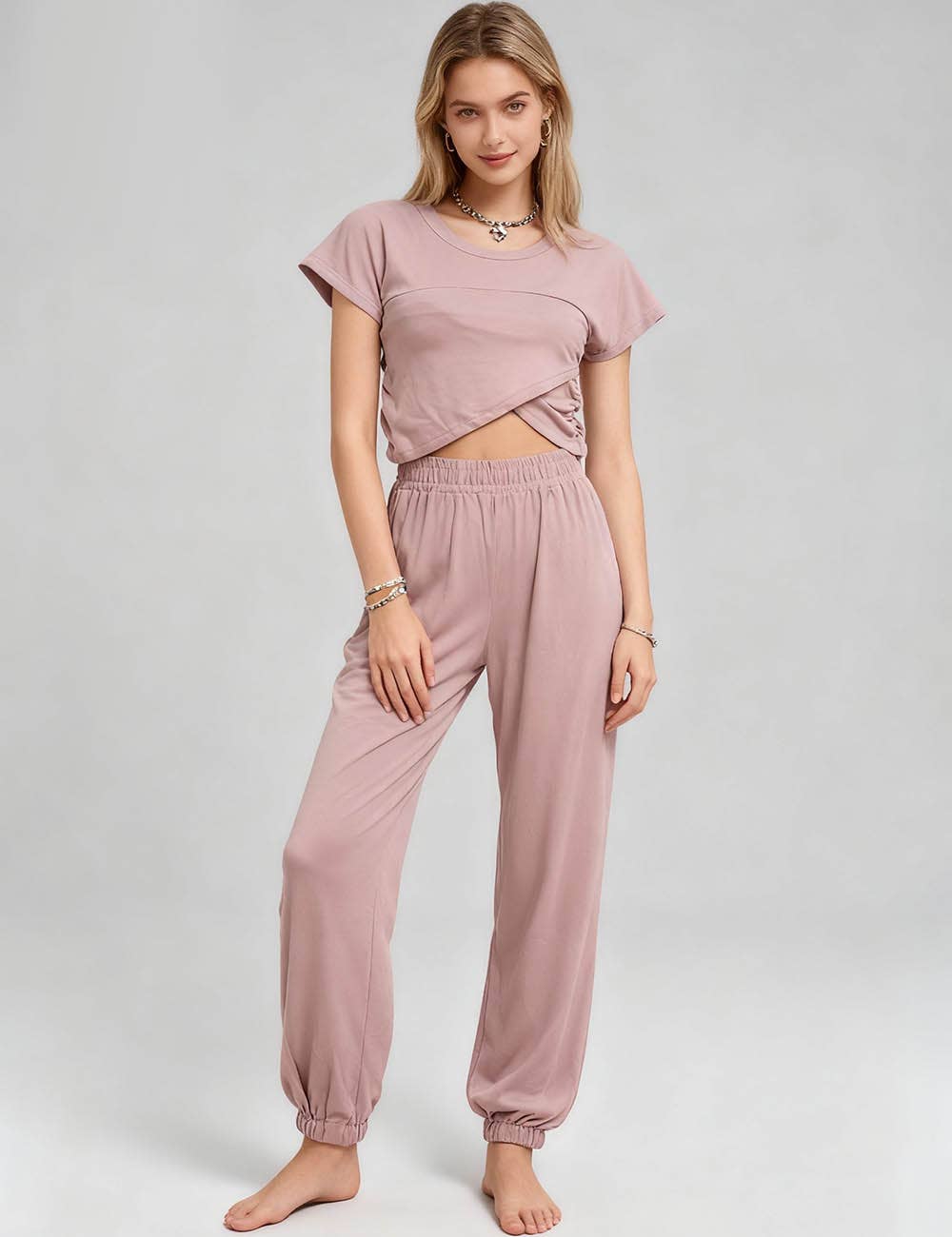 Ladies Solid Color Crop Top and Pants Set