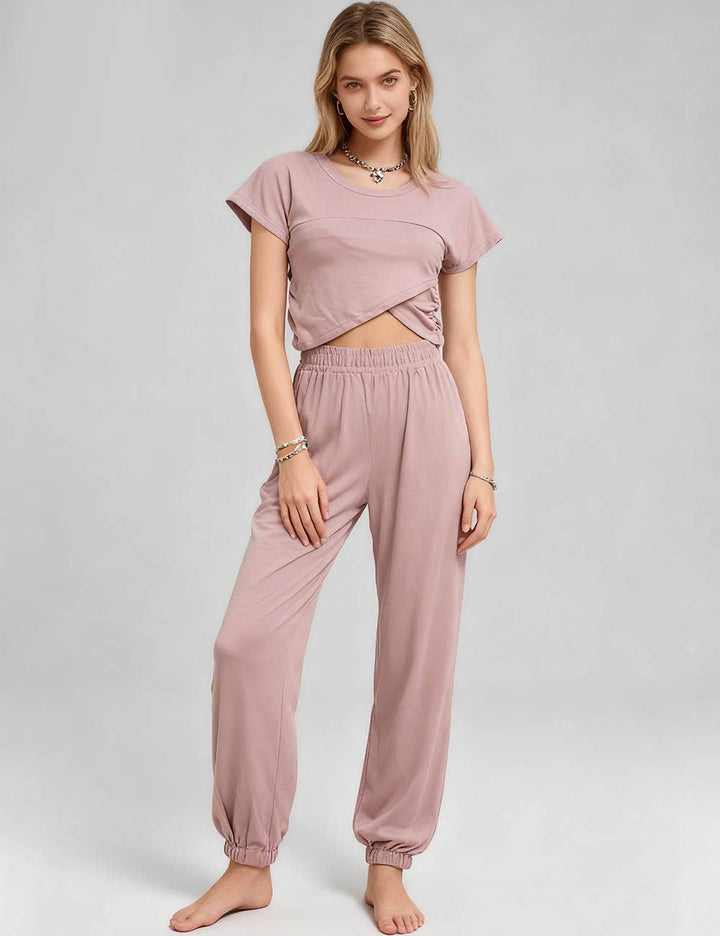 Ladies Solid Color Crop Top and Pants Set