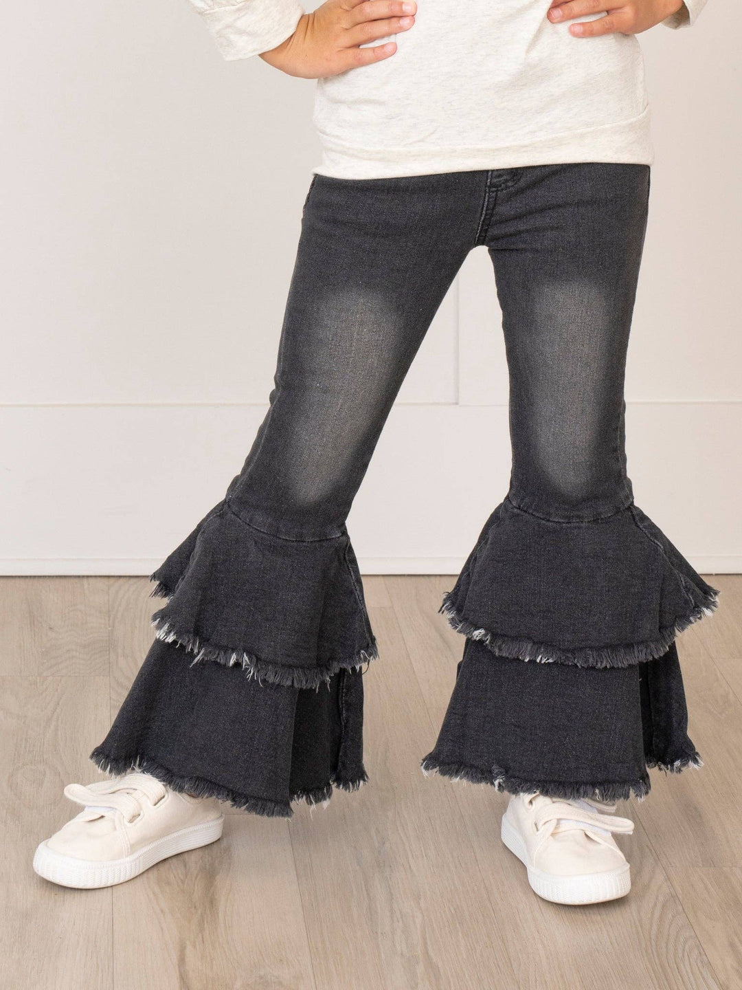 Black Tiered Denim Bell Bottoms: L(4yrs)