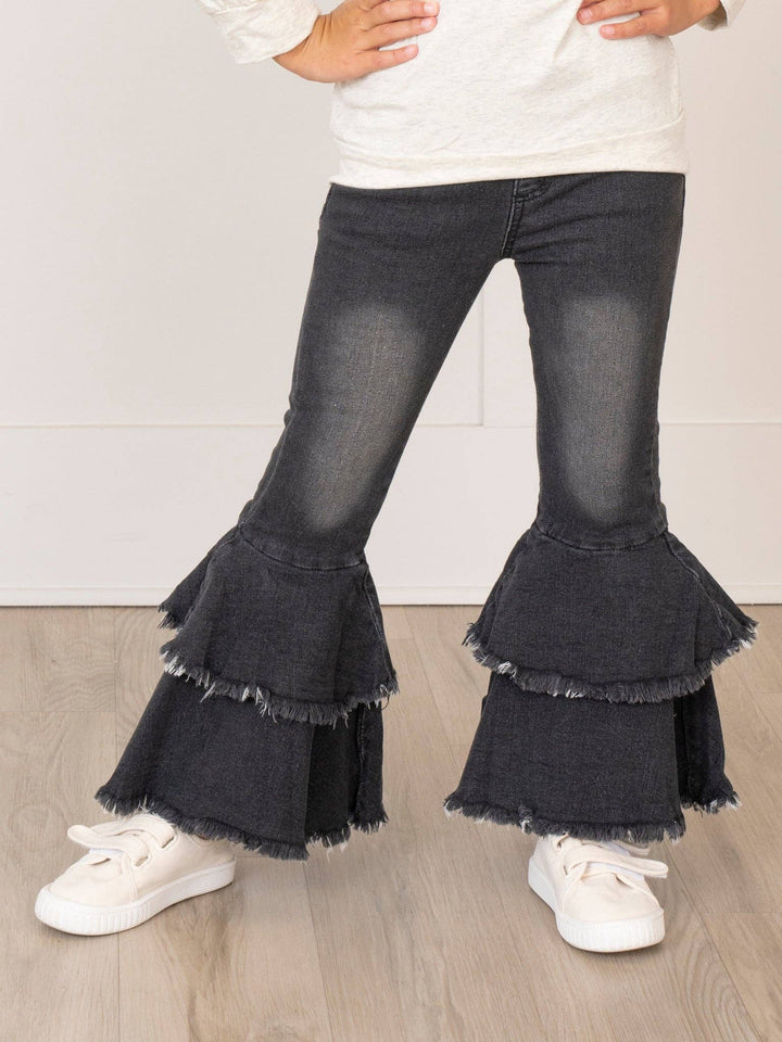 Black Tiered Denim Bell Bottoms: M(3yrs)