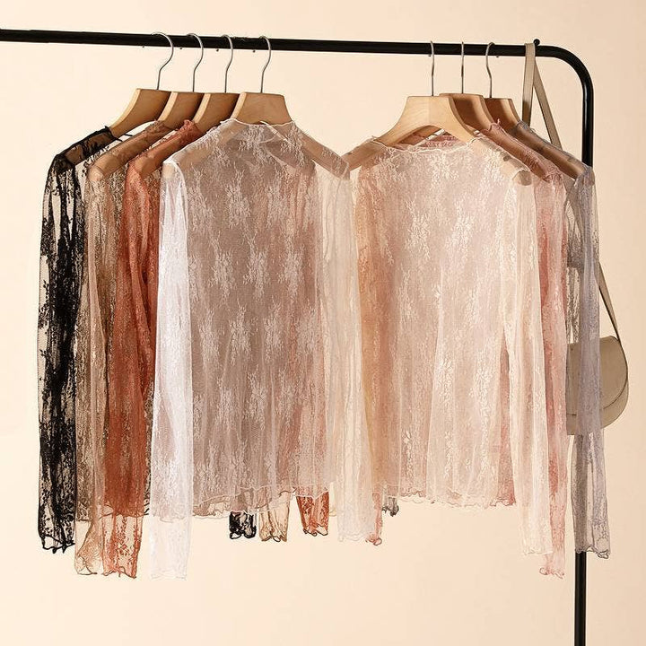 Semi Sheer Mesh Floral Lace Layering See Through Top: Beige / L