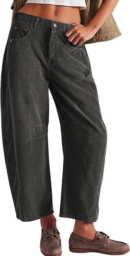 Western Ankle length corduroy barrel pants: Charcoal / S