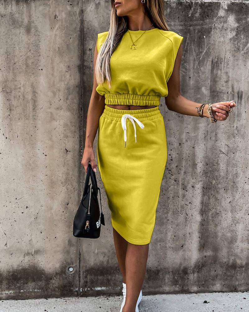 New sleeveless crop top drawstring skirt set: BLACK / 1-1-1-1 / S-M-L-XL