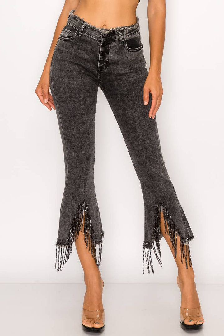 1365P - RHINESTONE FRINGE DENIM PANTS: BLACK / SMALL